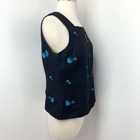 Vtg Annie Alexander Black Linen Blend Embroidered Top 10 Palm Trees Resort Beach - Picture 6 of 8
